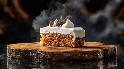Steaming slice of carrot cake with cream cheese frosting on wood.