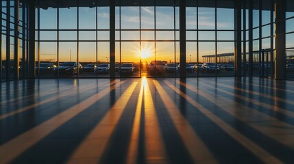 Fototapeta premium Empty car dealership lot at sunset, showcasing a serene and quiet atmosphere with no vehicles or customers, reflecting the end of a business day and the transition to evening calm