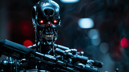 Futuristic cyborg soldier with glowing red eyes and advanced weapon ready for combat
