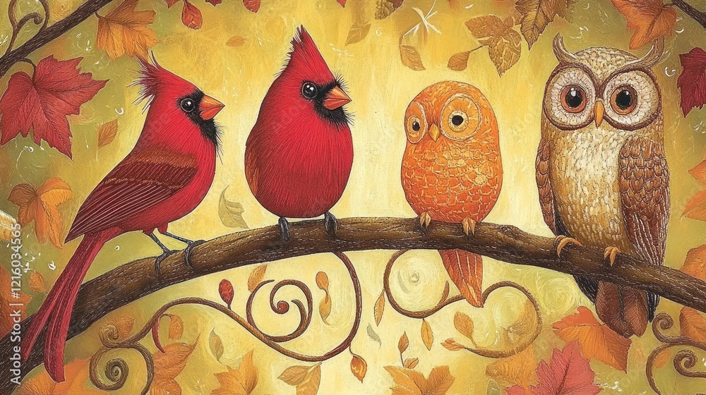 Wall mural Two cardinals and two owls perched on a branch amidst autumn leaves.