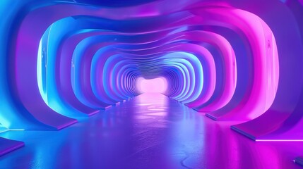 Fototapeta premium Futuristic Abstract Hallway with Soft Curves and Neon Lighting in Pink and Blue Reflecting an Innovative and Visually Captivating Space Environment