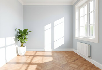 Empty room, bright sunlight, white walls, wooden parquet floor, large window, potted plant, minimalist interior, clean space, natural lighting, shadows on wall, modern design, spacious, corner view, t