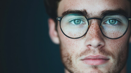 Close up portrait of young Caucasian man with freckles and glasses, introspective gaze