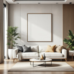 a white sofa with gray and beige throw pillows, a round coffee table with a vase and books, and a large blank picture frame on the wall. Cozy modern living room with photo frame design