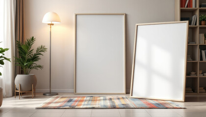 a large white blank canvas framed in wood, placed on a colorful rug on the floor. Cozy modern living room with photo frame design