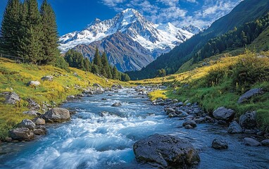 Fototapeta premium Majestic mountain, river, valley landscape.