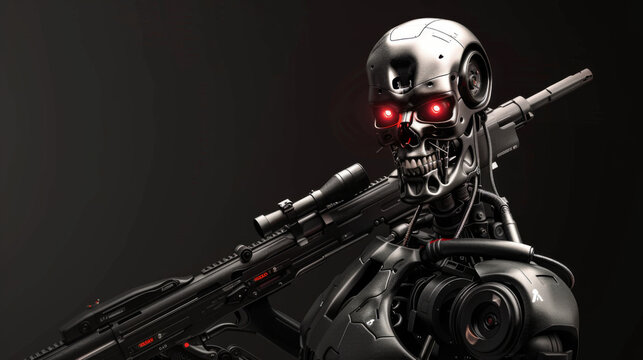 Metallic Terminator Robot with Glowing Red Eyes and Sniper Rifle in Dark Setting