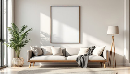 a large window with a plant, a gray sofa with white pillows, a wooden floor lamp, and a blank picture frame on the wall. Cozy modern living room with photo frame design