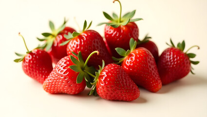 Fresh Juicy Strawberries with Vibrant Red Skin and Green Leaves on White Background