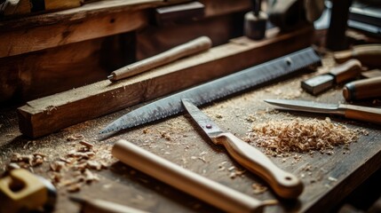 A detailed view of a woodworking bench showcasing various tools and wood shavings