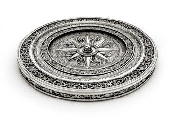 Ornate Silver Circular Decorative Plate with Starburst Center