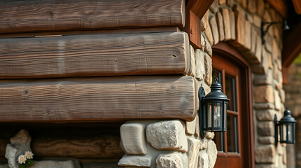 Rustic Log Cabin Exterior: Stone and Wood Architecture.  A charming blend of natural materials creates a beautiful and inviting home entrance.