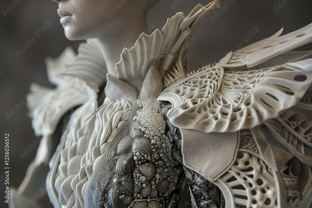 Fototapete bring a dystopian haute couture vision to life through a clay sculpture of a high-fashion garment, u