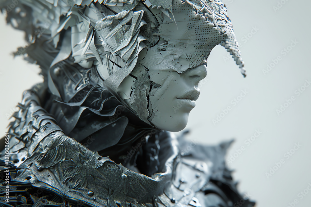 Fototapete bring a dystopian haute couture vision to life through a clay sculpture of a high-fashion garment, u