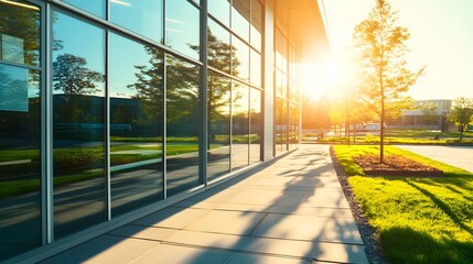 Insurance office exterior with glass windows showcasing modern architecture, reflecting professionalism and transparency in financial services and client trust