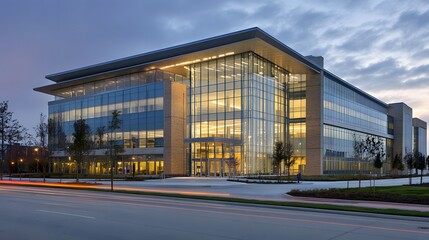 Obraz premium Insurance office exterior with glass windows showcasing modern architecture, reflecting professionalism and transparency in financial services and client trust