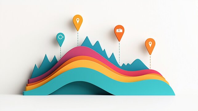 Colorful 3D layered chart with location markers.