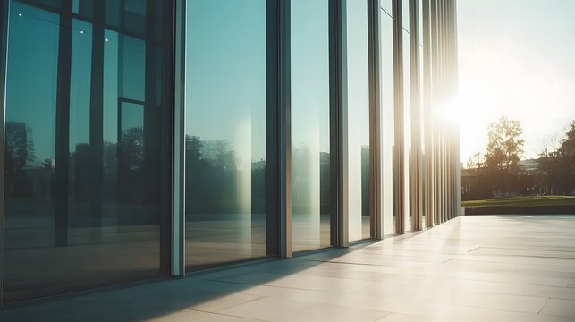 Insurance office exterior with glass windows showcasing modern architecture, reflecting professionalism and transparency in financial services and client trust