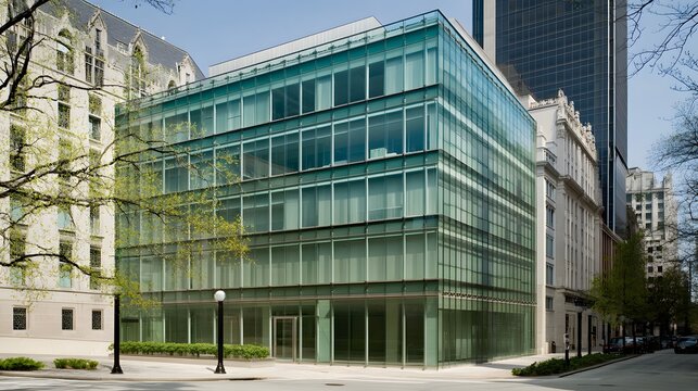 Insurance office exterior with glass windows showcasing modern architecture, reflecting professionalism and transparency in financial services and client trust