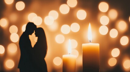 Romantic Couple Silhouette with Candles and Lights