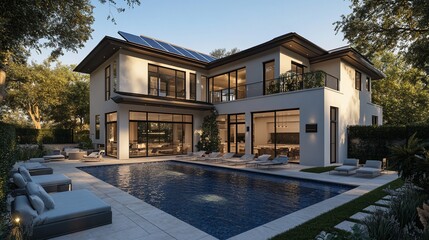 Fototapeta premium Modern luxury home with pool and solar panels.