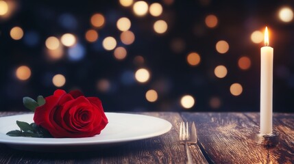 Romantic Dinner Setting with Rose and Candlelight