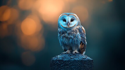 Majestic barn owl perched, sunset bokeh, nature wildlife
