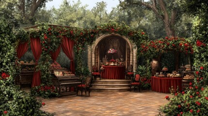 Fototapeta premium Romantic Garden Party Setting with Red Accents