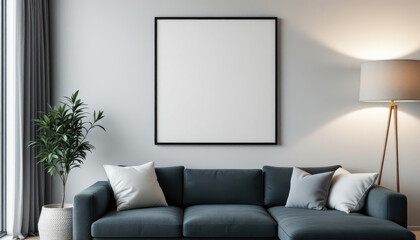 a blue couch with white and gray pillows, a large blank picture frame on the wall, a tall floor lamp, and a potted plant. Cozy modern living room with photo frame design