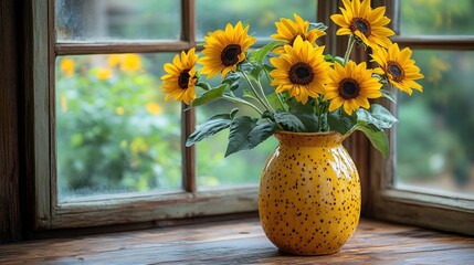 Sunflowers vase windowsill rustic garden summer