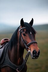 Obraz premium close-up of horse bridle and saddle with blurred landscape of rolling hills in background