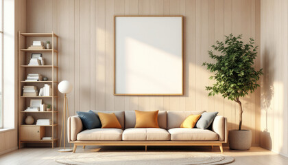 a beige sofa with orange and blue throw pillows, a tall bookshelf filled with books, a large white picture frame, and a potted plant. Cozy modern living room with photo frame design
