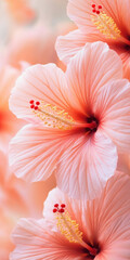 Closeup of pastel pink hibiscus flowers with soft focus background, showcasing delicate petals and vibrant stamen