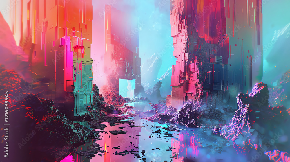 Fototapete craft a digital rendering that blends abstract art with futuristic elements utilize pixel art style 