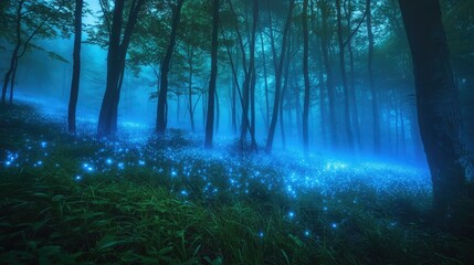 Naklejka premium Mist-filled enchanted forest glowing with bioluminescent plants and radiant magical lights, creating an otherworldly atmosphere