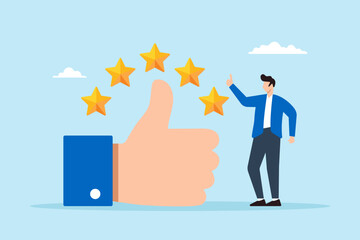 Flat illustration of business owner give big thumb up with five stars symbolizing high quality service