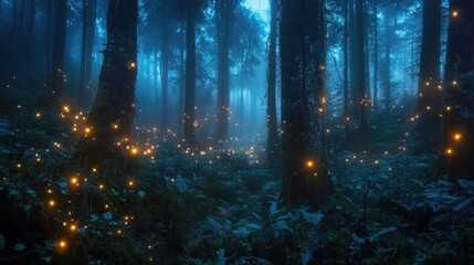 Fototapeta premium Misty forest filled with glowing bioluminescent plants and enchanting lights, creating a magical and otherworldly scene