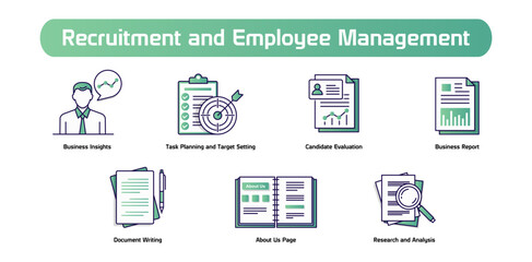 Recruitment and Employee Management. Candidate Evaluation, Business Insights, Task Planning and Target Setting, Research and Analysis, Document Writing, About Us Page, Business Report