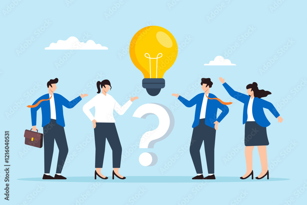 Poster flat illustration of business people stand with question mark and lightbulb symbolizing qa session t