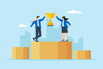 Flat illustration of businessman and businesswoman hold trophy on podium celebrating team success and victory