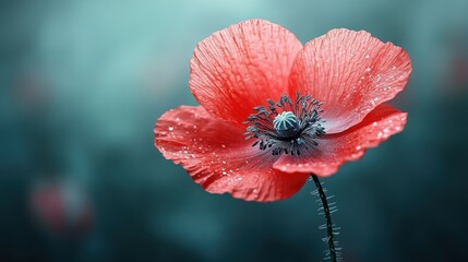 Dewy red poppy, field background, nature photography, remembrance