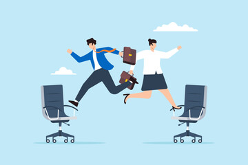 Flat illustration of businessman and businesswoman jump onto office chair symbolizing job rotation for new skill and responsibility