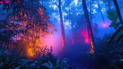 Fototapeta premium Mystical enchanted forest with glowing bioluminescent plants and trees, illuminated by magical lights and fog