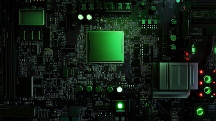 Fototapeta premium Glowing Green Circuit Board: A Close-Up of Technological Intricacy