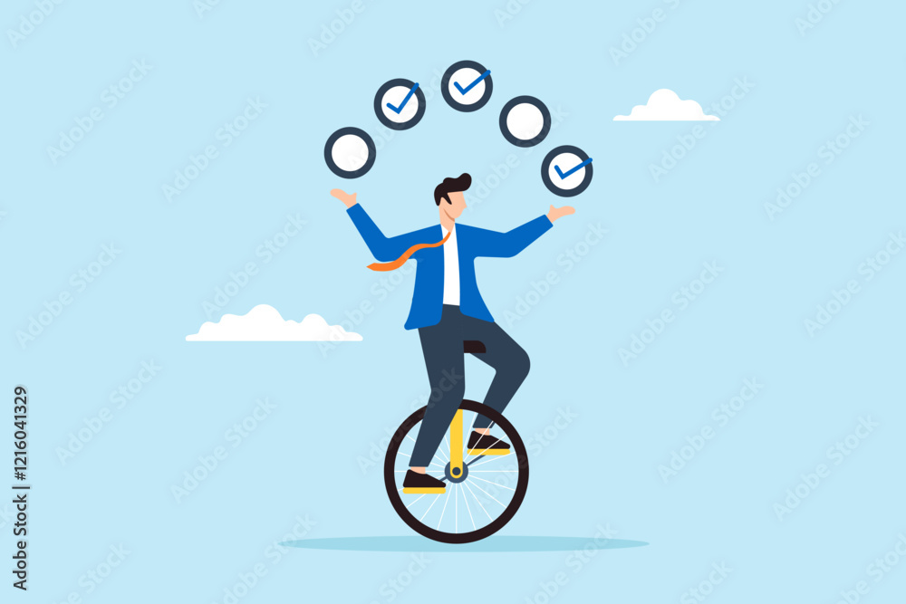 Poster flat illustration of businessman juggling checkbox while balancing on unicycle symbolizing task mana