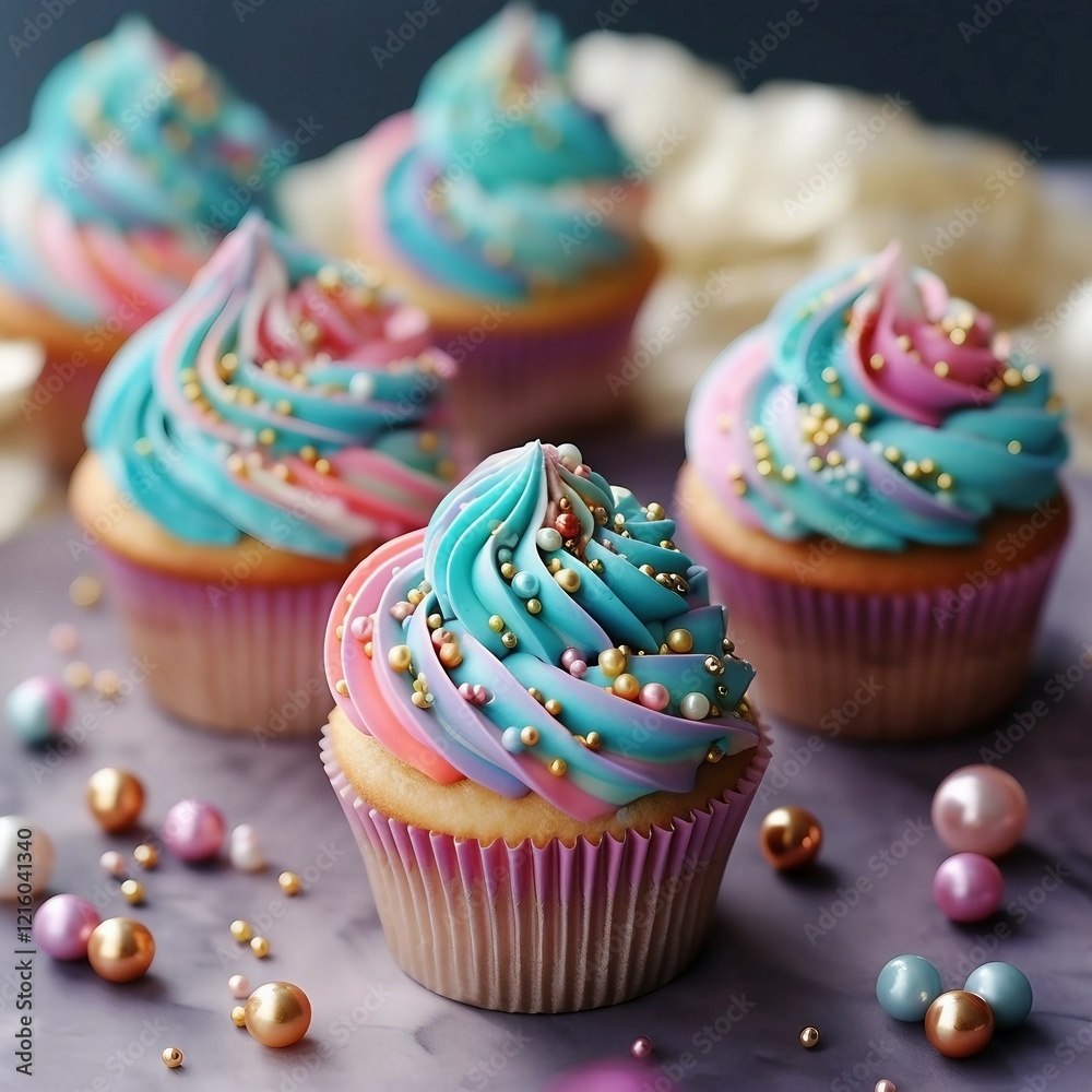 Wall mural Pastel Glitter Cupcakes with Swirled Frosting