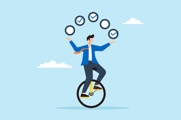 Flat illustration of businessman juggling checkbox while balancing on unicycle symbolizing task management and productivity