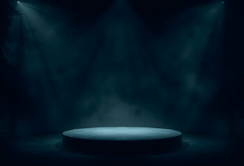 Dark misty forest, eerie moonlight, glowing circular platform, sci-fi atmosphere, mysterious illumination, foggy woods, otherworldly scene, cinematic lighting, alien encounter setting, ominous trees, 