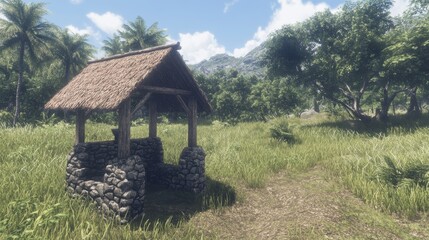 Obraz premium Rustic Stone Shelter Tropical Island Setting