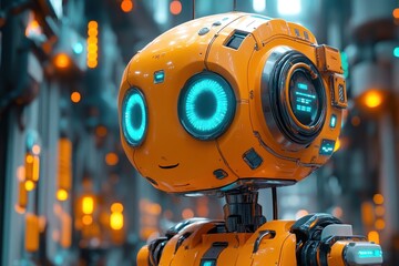 Fototapeta premium Friendly robot with glowing eyes in futuristic setting